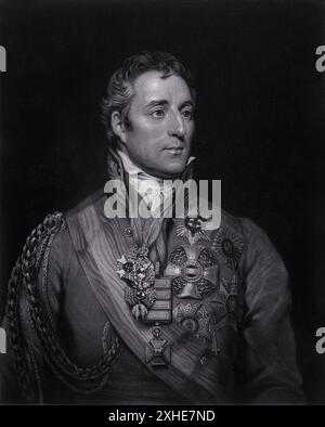 Ein schwarz-weißes Porträt von Arthur Wellesley, dem ersten Duke of Wellington. Das Porträt ist im Profil, und der Herzog trägt eine Militäruniform mit zahlreichen Medaillen und Verzierungen. Er schaut zur Seite, mit einem ernsten Gesichtsausdruck. Das Porträt entstand 1814 von W. Say nach einem Gemälde von Thomas Phillips. Stockfoto