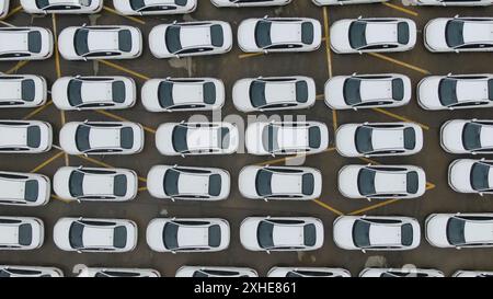Autos, die die Fabrik verlassen, warten im Hafen auf den internationalen Handel Stockfoto