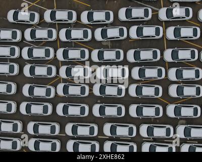 Autos, die die Fabrik verlassen, warten im Hafen auf den internationalen Handel Stockfoto