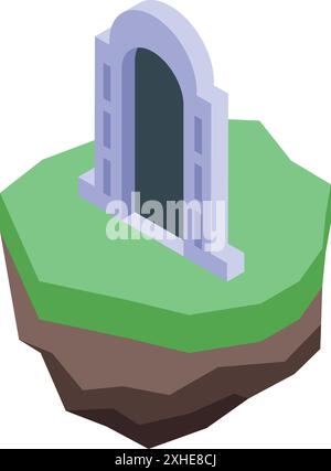 Isometrische Darstellung einer mysteriösen Portalöffnung auf einer fliegenden Insel mit grünem Gras Stock Vektor