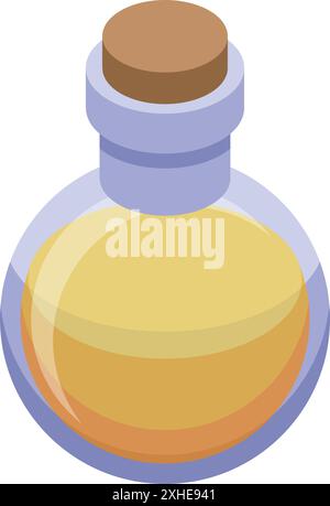 Runder Glaskolben mit hellgelber Flüssigkeit mit isometrischem Korkstopfen Stock Vektor