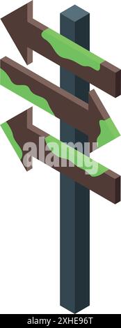 Moosbedeckte hölzerne Wegweiser, die in drei verschiedene Richtungen zeigen Stock Vektor