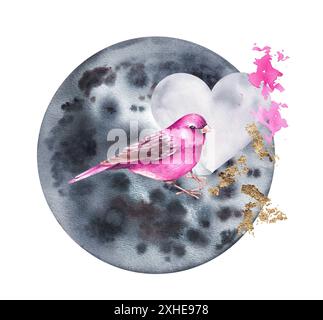 Collage mit handgezeichnetem Mond und Vogel. Aquarellcollage Vogel mit Herz, Mond und Glitzern. Collage Design Stoffe, Textilien, Einladungen, Karten, PR Stockfoto