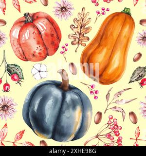 Nahtloses Aquarellmuster von Herbstkürbissen, Blättern und Blumen. Wasserfarben Herbst Pflanzenmuster für Textilien, Stoffe, Einladungen, Kleidung und h Stockfoto