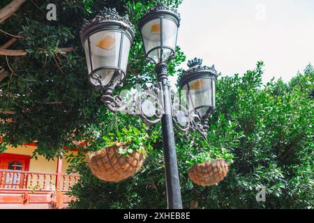 Straßenlaterne mit Lampen und einem Pflanzenkorb. Laternenpfahl mit drei Blumenkörben, die daran hängen Stockfoto