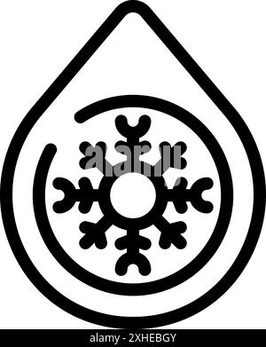 Einfaches schwarz-weißes Symbol, das eine Schneeflocke in tropfenförmiger Form darstellt und häufig zur Markierung von Lagerbereichen für gefrorene Lebensmittel verwendet wird Stock Vektor