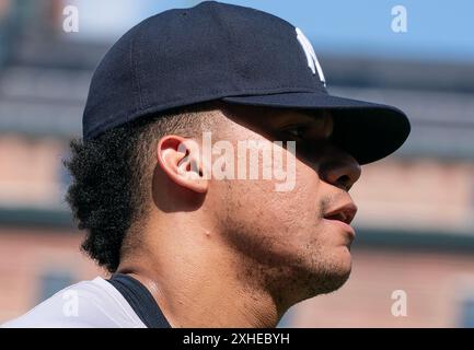 Baltimore, USA. Juli 2024. BALTIMORE, MD - 13. JULI: Der New York Yankees-Outfielder Juan Soto (22) vor einem MLB-Spiel zwischen den Baltimore Orioles und den New York Yankees am 13. Juli 2024 im Orioles Park at Camden Yards in Baltimore, Maryland. (Foto: Tony Quinn/SipaUSA) Credit: SIPA USA/Alamy Live News Stockfoto