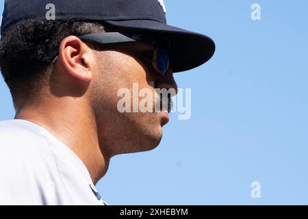 Baltimore, USA. Juli 2024. BALTIMORE, MD - 13. JULI: Der New York Yankees-Outfielder Juan Soto (22) vor einem MLB-Spiel zwischen den Baltimore Orioles und den New York Yankees am 13. Juli 2024 im Orioles Park at Camden Yards in Baltimore, Maryland. (Foto: Tony Quinn/SipaUSA) Credit: SIPA USA/Alamy Live News Stockfoto