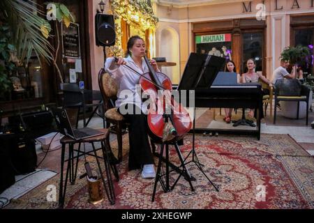 Odessa, Ukraine. Juli 2024. Ein Straßenmusiker spielt im Innenhof des Passage Hotels. Vom Freitagabend bis zum Ende des Sonntags wird das Touristenzentrum von Odessa zur Kulisse für die Auftritte vieler Straßenmusiker. Einige spielen in der Nähe von Restaurants, andere in touristischen Orten in der Stadt. Mit dem Einsetzen der Dunkelheit trägt der Lärm von Generatoren aufgrund von Stromausfällen aufgrund von Stromknappheit zur Vielfalt der Geräusche auf den Straßen der Stadt bei. Quelle: SOPA Images Limited/Alamy Live News Stockfoto