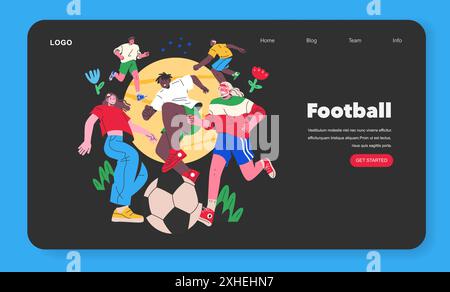 Dynamische Fußballspieler, die über eine Website-Oberfläche an einem Spiel teilnehmen und die Energie des Sports einfangen. Vektorabbildung. Stock Vektor