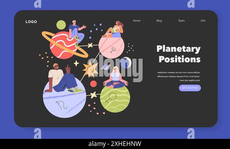 Natal-Diagramme-Konzept. Verschiedene Individuen erforschen die Astrologie und beschäftigen sich mit symbolischen Planeten und Tierkreiszeichen. Astrologische Untersuchung im kosmischen Umfeld. Vektorabbildung. Stock Vektor