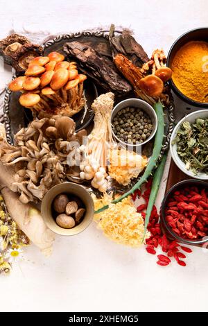 Gesundes natürliches Adaptogen. Kräuter, Gewürze, Pilze auf hellem Hintergrund. Nervine Food Kollektion. Draufsicht Stockfoto