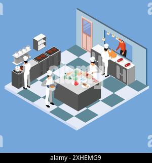 Kommerzielle Küche mit Köchen, die 3D isometrisch kochen Stock Vektor