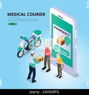Medizinischer Kurier, der Medizin zum Patienten liefert, Online-Apotheke Handy-App Stock Vektor