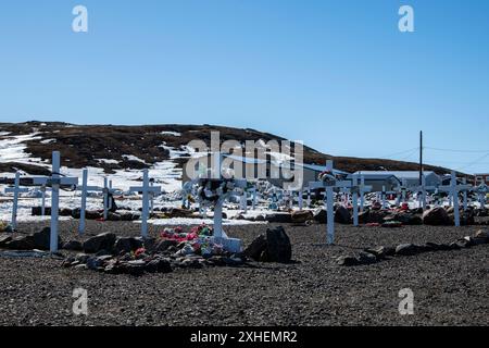 Weiße Kreuze auf dem Iqaluit Municipal Cemetery in Apex, Nunavut, Kanada Stockfoto