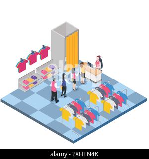 Weibliche Kunden, die auf Zahlung warten, in der 3D-Isometrie der Kassiererin Stock Vektor