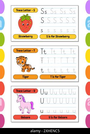 Schreiben von Briefen. Tastseite einstellen. Übungsblatt. Arbeitsblatt für Kinder. Alphabet lernen. Niedliche Charaktere. Vektorgrafik. Cartoon-Stil. Stock Vektor