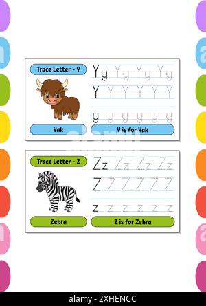 Schreiben von Briefen. Tastseite einstellen. Übungsblatt. Arbeitsblatt für Kinder. Alphabet lernen. Niedliche Charaktere. Vektorgrafik. Cartoon-Stil. Stock Vektor