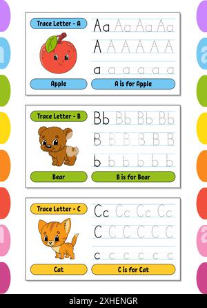 Schreiben von Briefen. Tastseite einstellen. Übungsblatt. Arbeitsblatt für Kinder. Alphabet lernen. Niedliche Charaktere. Vektorgrafik. Cartoon-Stil. Stock Vektor