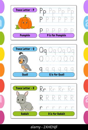 Schreiben von Briefen. Tastseite einstellen. Übungsblatt. Arbeitsblatt für Kinder. Alphabet lernen. Niedliche Charaktere. Vektorgrafik. Cartoon-Stil. Stock Vektor