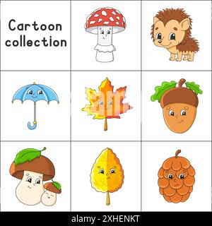 Set mit Stickern mit niedlichen Zeichentrickfiguren. Herbstklipart. Handgezeichnet. Buntes Paket. Vektorabbildung. Patch-Badges-Kollektion. Etikettendesign el Stock Vektor