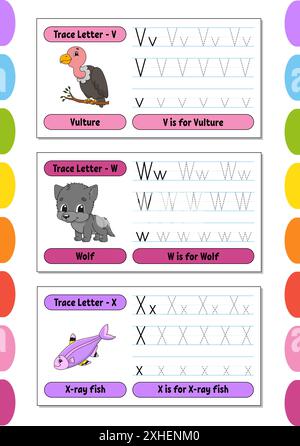 Schreiben von Briefen. Tastseite einstellen. Übungsblatt. Arbeitsblatt für Kinder. Alphabet lernen. Niedliche Charaktere. Vektorgrafik. Cartoon-Stil. Stock Vektor