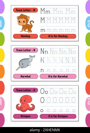 Schreiben von Briefen. Tastseite einstellen. Übungsblatt. Arbeitsblatt für Kinder. Alphabet lernen. Niedliche Charaktere. Vektorgrafik. Cartoon-Stil. Stock Vektor