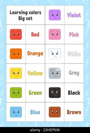 Farben lernen. Flashcard für Kinder. Niedliche Comic-Figuren. Bildset für Vorschulkinder. Arbeitsblatt zum Bildungswesen. Vektorgrafik. Stock Vektor