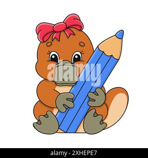 Platypus-Mädchen mit Pensil. Zeichentrickfigur. Bunte Vektorillustration. Isoliert auf weißem Hintergrund. Konstruktionselement. Vorlage für Ihr Design, bo Stock Vektor