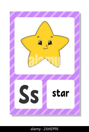 Englisches Alphabet mit Zeichentrickfiguren. Flash-Karten. Vektorset. Helle Farben. Lerne ABC. Klein- und Großbuchstaben. Stock Vektor