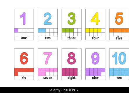 Setzen Sie Flash-Karten für Kinder. Lernzahlen 1-10. Arbeitsblatt zur Entwicklung von Schulungen. Aktivitätsseite für die Schule. Farbe Spiel für Kinder. Vektordarstellung Stock Vektor