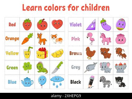 Farben lernen. Flashcard für Kinder. Niedliche Comic-Figuren. Bildset für Vorschulkinder. Arbeitsblatt zum Bildungswesen. Vektorgrafik. Stock Vektor