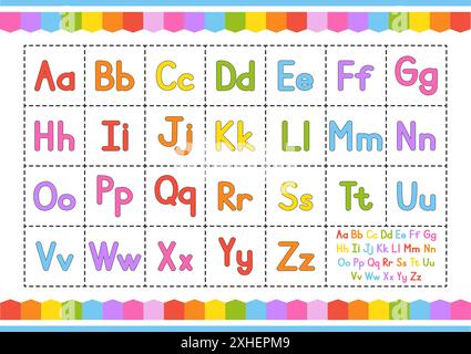 Englisches Alphabet. Vektorsatz. Helle Farben. Zeichentrickfilm ABC. Lustige handgezeichnete Schriftart. Kleinbuchstaben und Großbuchstaben Stock Vektor