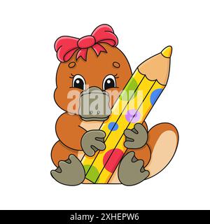 Platypus-Mädchen mit Pensil. Zeichentrickfigur. Bunte Vektorillustration. Isoliert auf weißem Hintergrund. Konstruktionselement. Vorlage für Ihr Design, bo Stock Vektor