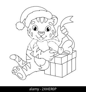 Süßes Tigerjunges in einem Weihnachtsmütze. Malbuch-Seite für Kinder. Figur im Cartoon-Stil. Vektorillustration isoliert auf weißem Hintergrund. Stock Vektor