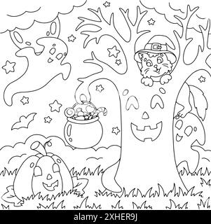 Treffen von Freunden. Katze, Kürbis, Geist, Zauberbaum. Malbuch Seite für Kinder. Halloween-Thema. Magische Kreaturen feiern den Feiertag. Vektor-Abb. Stock Vektor