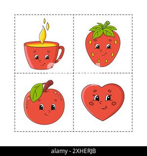 Farben lernen für Kinder. Schneiden und spielen. Niedliche Comic-Figuren. Bildset für Vorschulkinder. Arbeitsblatt zum Bildungswesen. Vektorgrafik. Stock Vektor