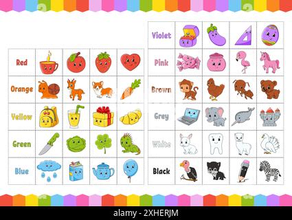 Farben lernen für Kinder. Schneiden und spielen. Niedliche Comic-Figuren. Bildset für Vorschulkinder. Arbeitsblatt zum Bildungswesen. Vektorgrafik. Stock Vektor