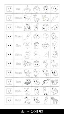 Farben lernen für Kinder. Schneiden und spielen. Malbuch. Niedliche Comic-Figuren. Großes Set für Vorschulkinder. Arbeitsblatt zum Bildungswesen. Vektorgrafik. Stock Vektor