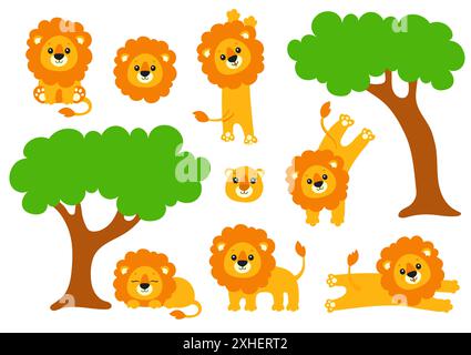Niedliches Löwenset. Wildes Tier. Zeichentrickfigur. Bunte Vektorillustration. Isoliert auf weißem Hintergrund. Konstruktionselement. Vorlage für Ihr Design, b Stock Vektor