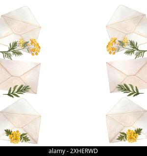 Blau-braune gelbe Blüten und offene und geschlossene Umschläge, vertikaler Rahmen in Aquarellfarbe, isoliert auf weiß. Handgemalte Illustration, ideal für Aufkleber Stockfoto