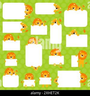 Niedlicher Löwe. Niedliche Zeichentrickfigur mit weißem leerem Poster. Mit Ort für Text. Farbige Vektordarstellung. Stock Vektor