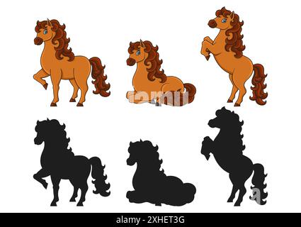 Niedliches Pferd. Nutztier. Zeichentrickfigur. Bunte Vektorillustration. Isoliert auf weißem Hintergrund. Konstruktionselement. Schwarze Silhouette. Stock Vektor