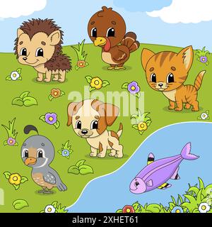 Set Tiere. Niedliche Comic-Figuren. PET-Clipart. Von Hand gezeichnet. Bunte Packung. Vektorgrafik. Patch Badges Kollektion. Designelemente kennzeichnen. Für Stock Vektor