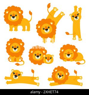 König Löwe Set. Wildes Tier. Zeichentrickfigur. Bunte Vektorillustration. Isoliert auf weißem Hintergrund. Konstruktionselement. Stock Vektor