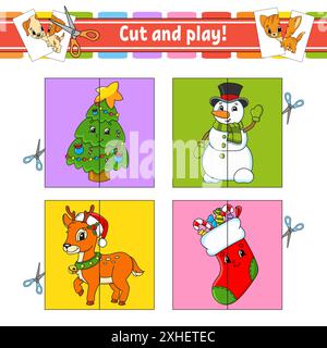Schneiden und spielen. Flash-Karten. Farbpuzzle. Arbeitsblatt zur Entwicklung von Schulungen. Aktivitätsseite. Spiel für Kinder. Witziger Charakter. Isolierte Vektorgrafik Stock Vektor
