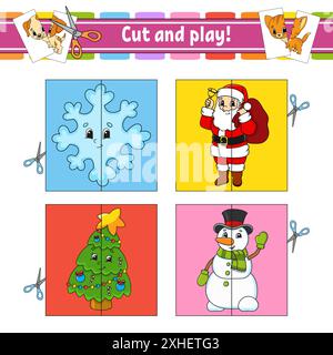 Schneiden und spielen. Flash-Karten. Farbpuzzle. Arbeitsblatt zur Entwicklung von Schulungen. Aktivitätsseite. Spiel für Kinder. Witziger Charakter. Isolierte Vektorgrafik Stock Vektor