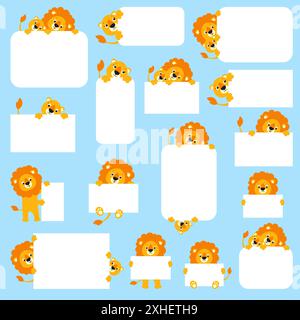 Niedlicher Löwe. Niedliche Zeichentrickfigur mit weißem leerem Poster. Mit Ort für Text. Farbige Vektordarstellung. Stock Vektor