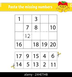 Fügen Sie die fehlenden Zahlen 1-20 ein. Spiel für Kinder. Handschrifterpraxis. Lernnummern für Kinder. Arbeitsblatt zur Entwicklung von Schulungen. Aktivitätsseite. Iso Stock Vektor