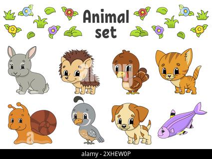 Set von Aufklebern mit niedlichen Comic-Figuren. Cliparts für Tiere. Von Hand gezeichnet. Bunte Packung. Vektorgrafik. Patch Badges Kollektion. Etikettendesign el Stock Vektor